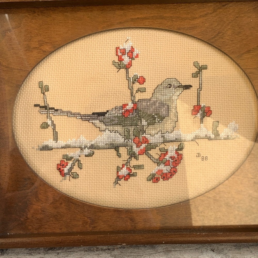 Vintage Glass Framed Dove Cross-Stitch Wooden Tray - Picture 11 of 11